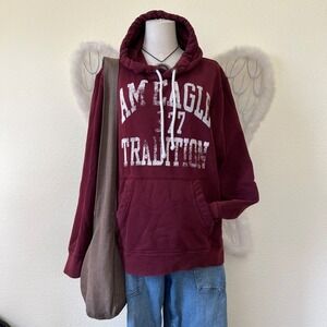 American‎ Eagle Burgundy Hoodie M Pullover Graphic Sweatshirt Kangaroo Y2K 2000s